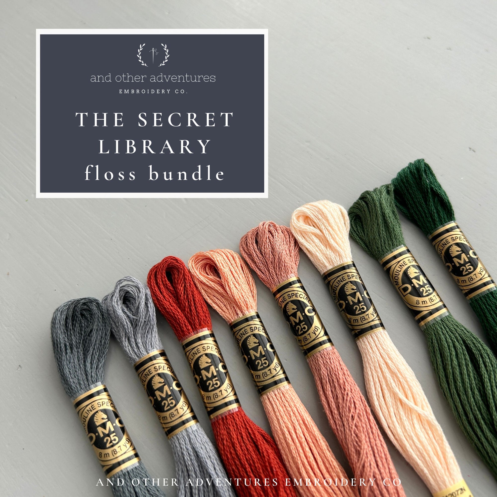 Bookish themed floss bundle - The Secret Library - 8 skeins of DMC embroidery floss - curated by And Other Adventures Embroidery Co