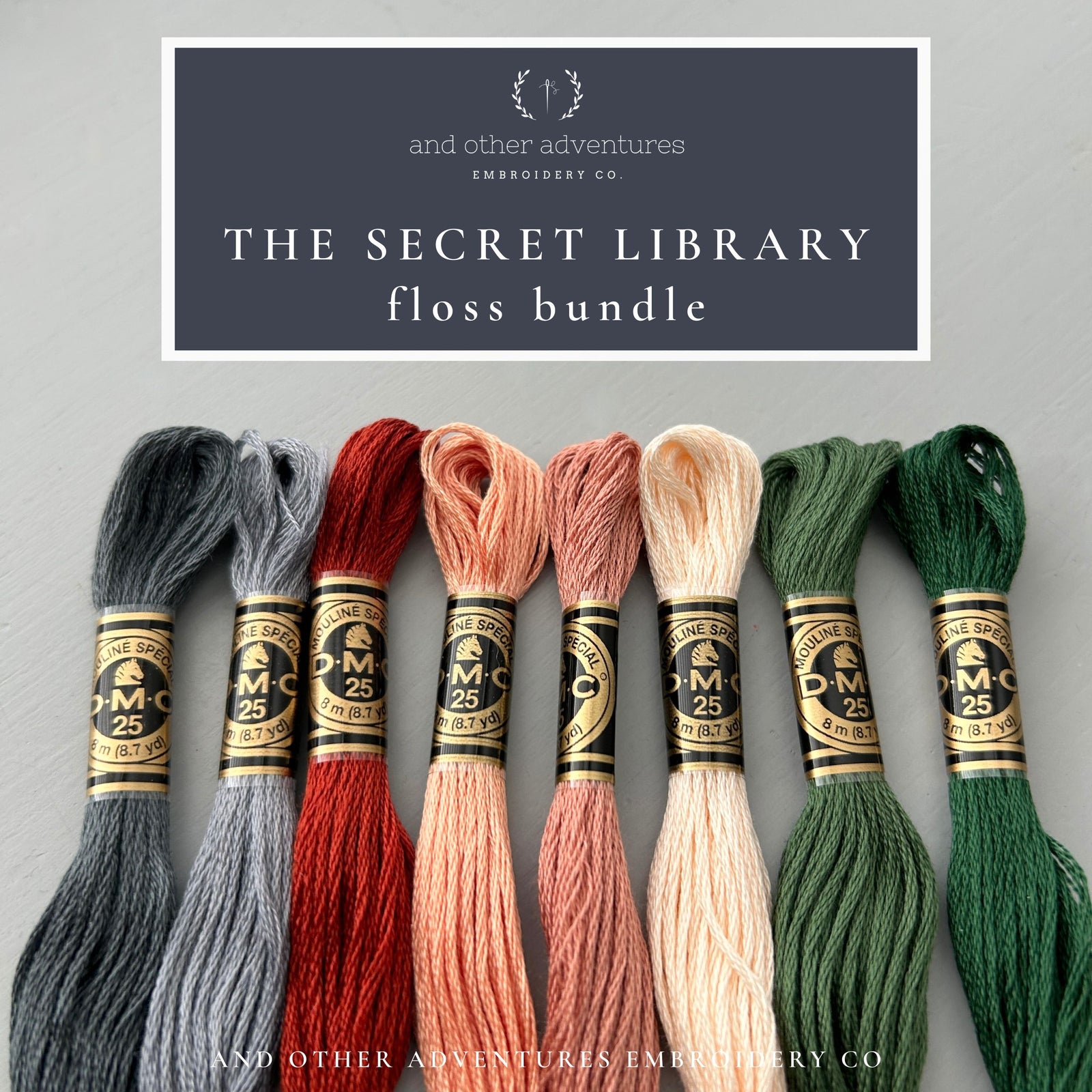 The Secret Library - 8 skeins of DMC embroidery floss - curated by And Other Adventures Embroidery Co