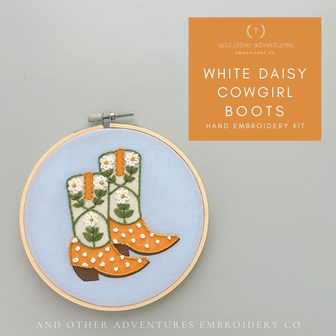 Hand Embroidery Kit - White Daisy Cowgirl Boots by And Other Adventures Embroidery Co
