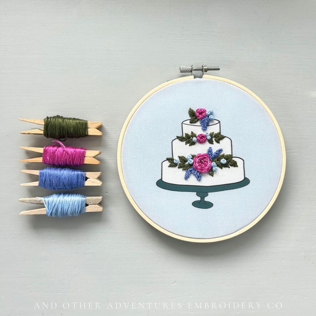 Pink and Blue wedding cake hand embroidery kit by And Other Adventures Embroidery Co
