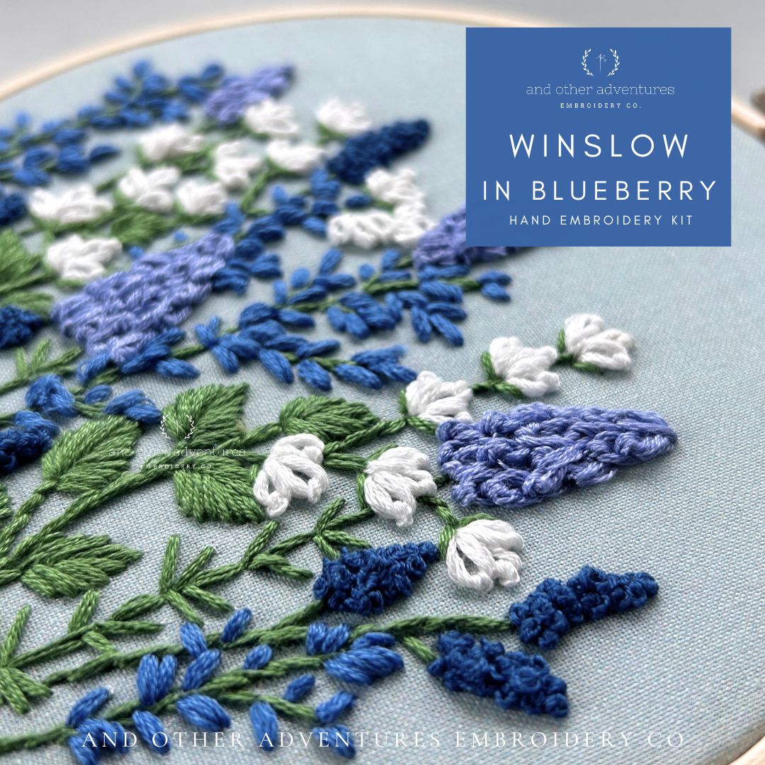 Blue and White botanical hand embroidery kit by And Other Adventures Embroidery Co
