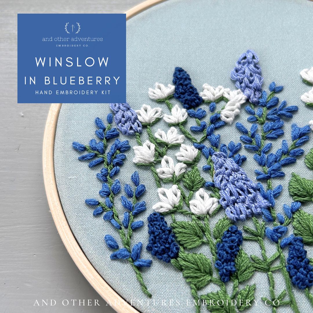 Blue and White flowers hand embroidery kit by And Other Adventures Embroidery Co