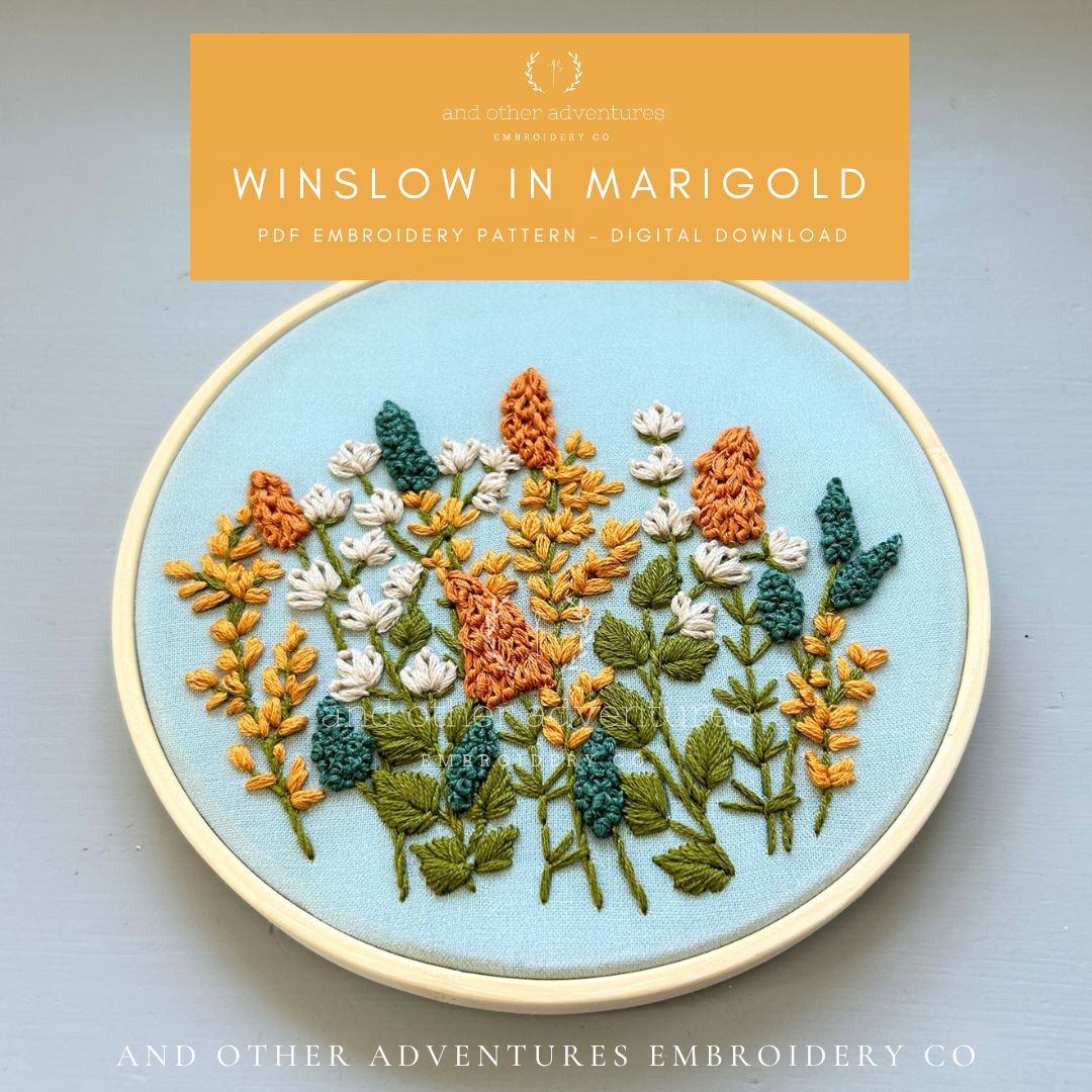 Winslow in Marigold Hand embroidery PDF Pattern digital download - designed and sold by And Other Adventures Embroidery Co