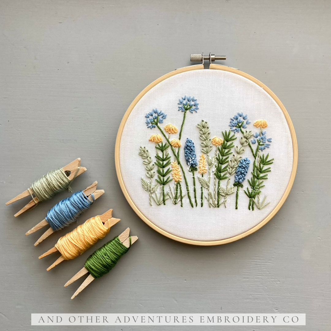 Blue &amp; Yellow meadow hand embroidery pattern by And Other Adventures Embroidery Co