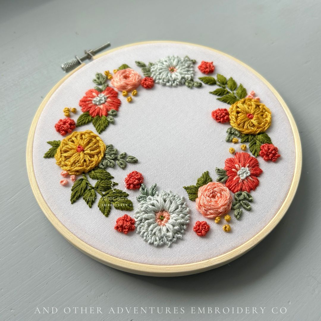 Summer inspired hand embroidery project featuring bright beautiful textured floral wreath - Hand Embroidery Kit by And Other Adventures Embroidery Co