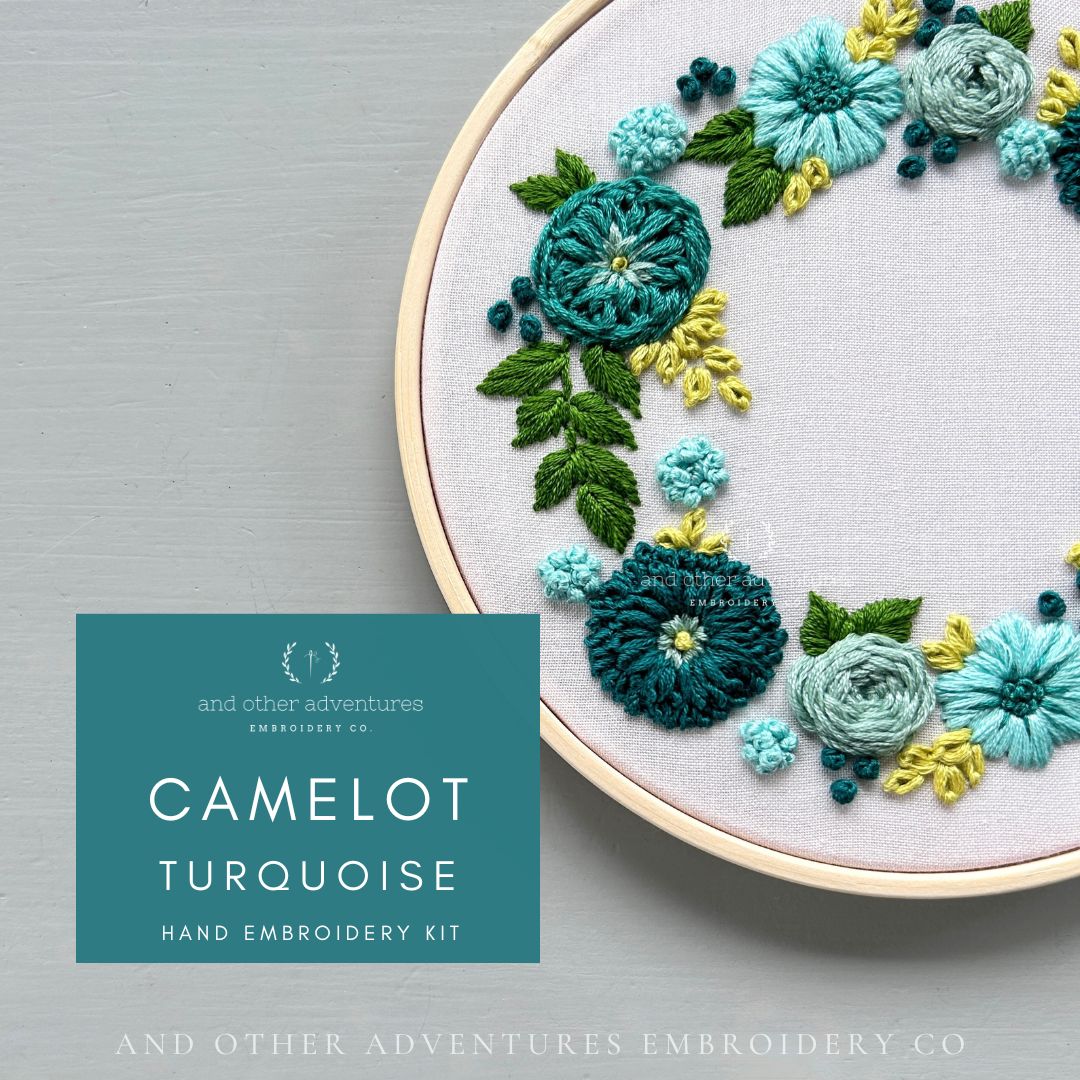Camelot in Turquoise Hand Embroidery Kit - ocean inspired floral wreath by And Other Adventures Embroidery Co