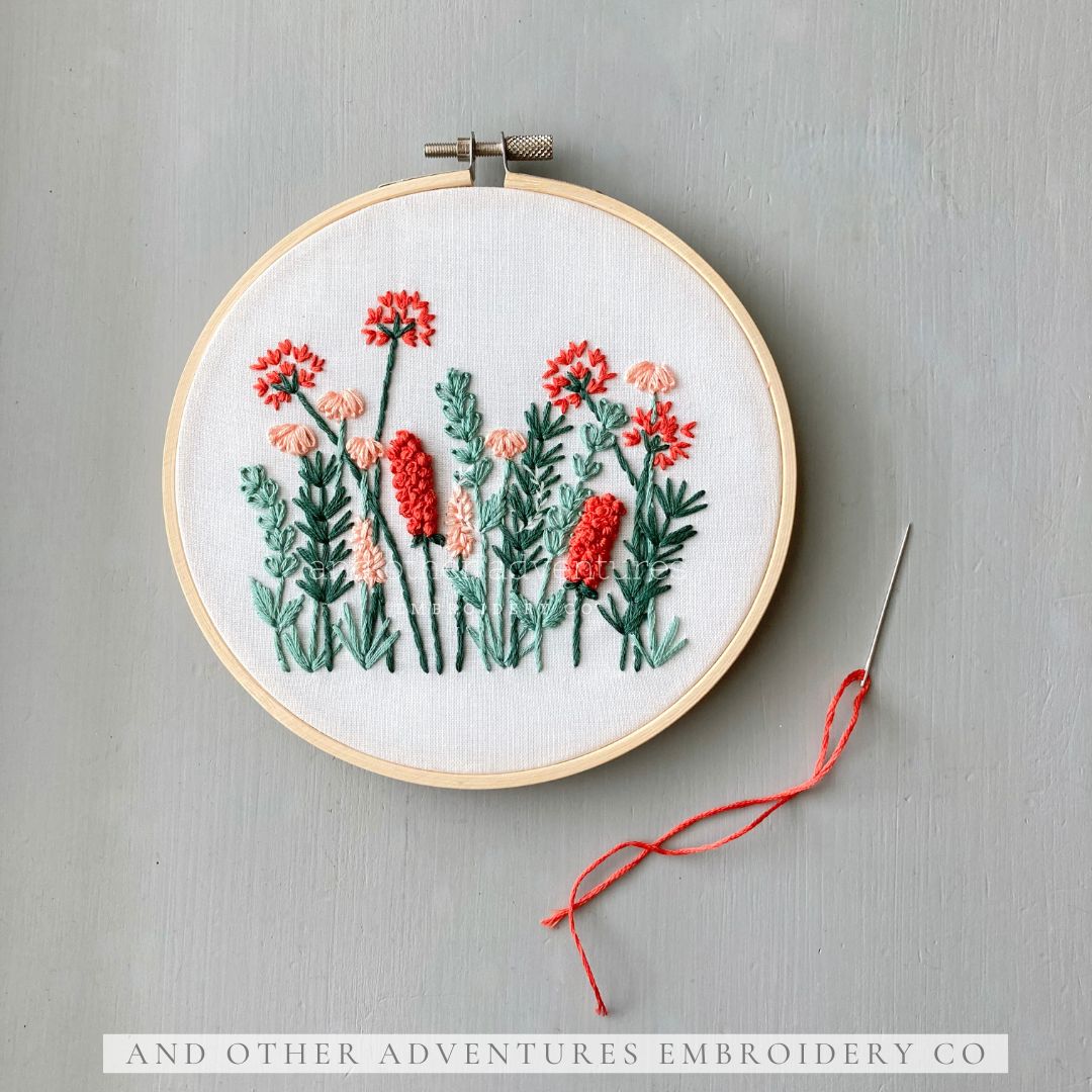 Coral &amp; Mint Meadow hand embroidery design by And Other Adventures Embroidery Co