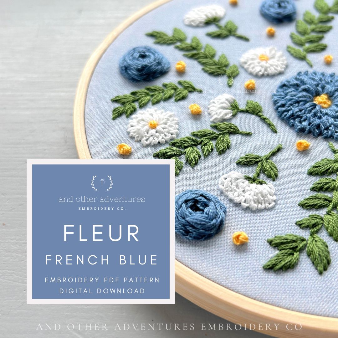Fleur in French Blue hand embroidery PDF pattern digital download by And Other Adventures Embroidery Co