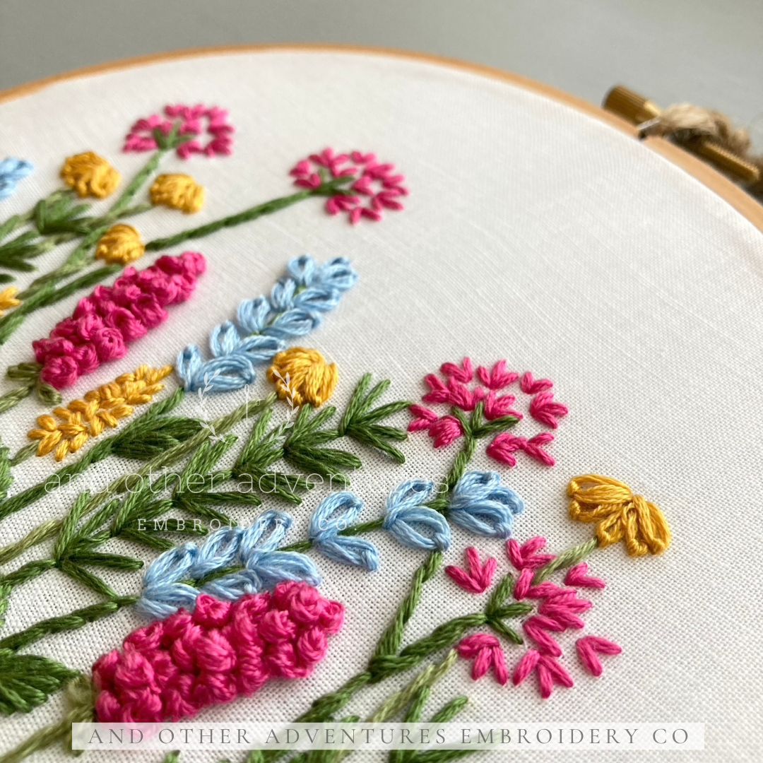 Happy Day Meadow - bright and cheerful hand embroidery pdf pattern by And Other Adventures Embroidery Co