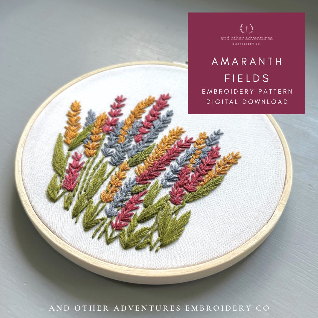 Amaranth Fields - jewel tone hand embroidery PDF pattern digital download by And Other Adventures Embroidery Co