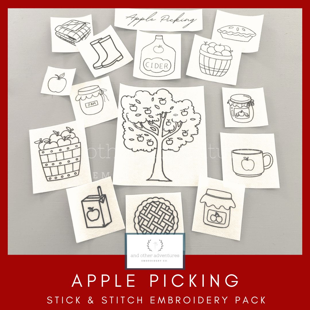 Apple Picking Stick & Stitch Pack for hand embroidery projects - created and sold by And Other Adventures Embroidery Co