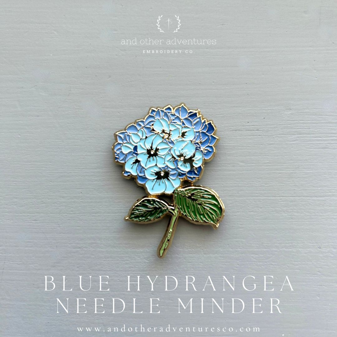 Blue Hydrangea needle minder sold by And Other Adventures Embroidery Co
