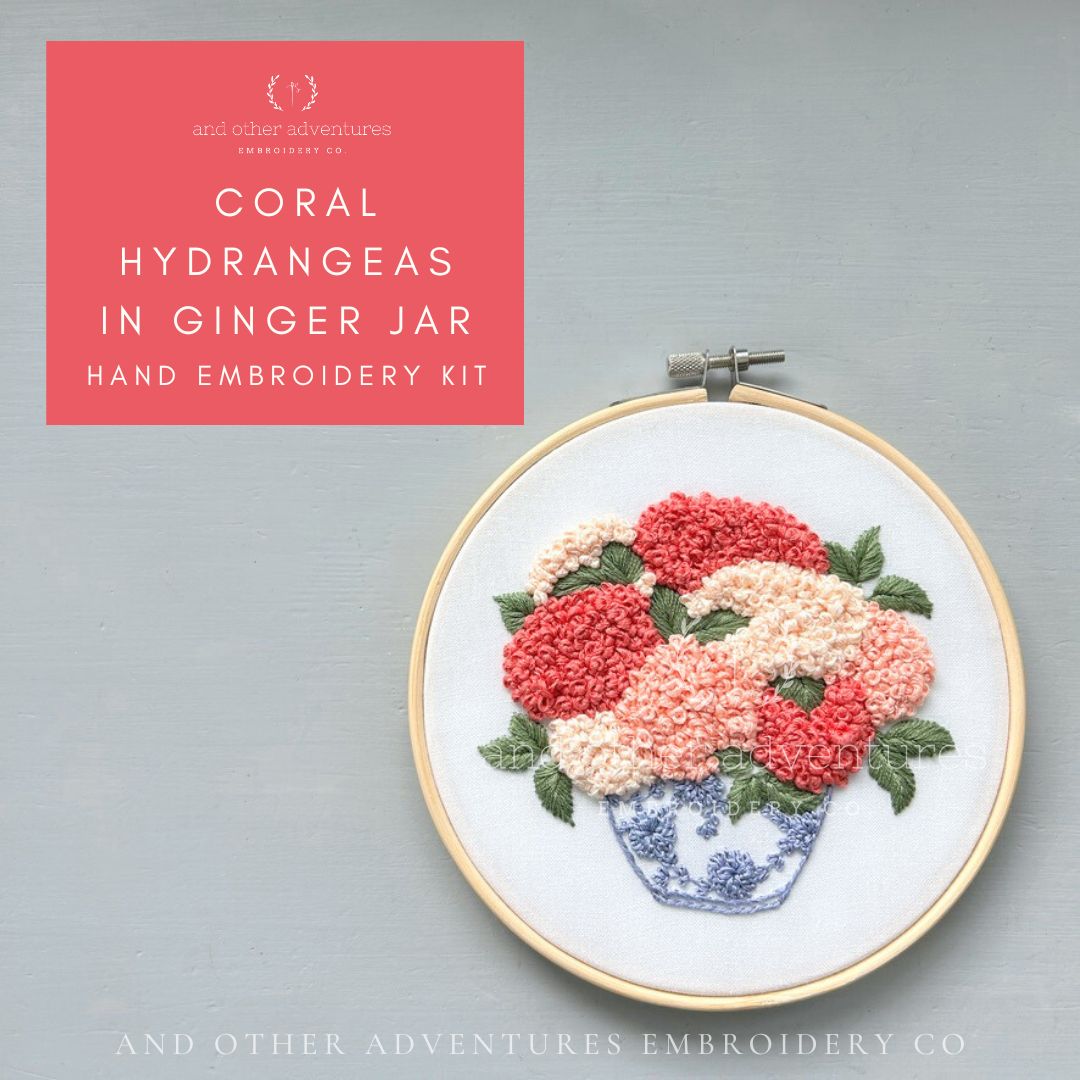 Coral  Hydrangeas in Ginger Jar hand embroidery kit by And Other Adventures Embroidery Co
