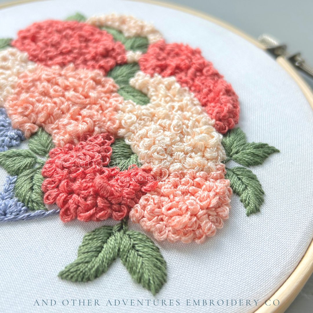 Embroidery hoop with floral hydrangeas embroidery design on a white fabric - And Other Adventures Embroidery Co