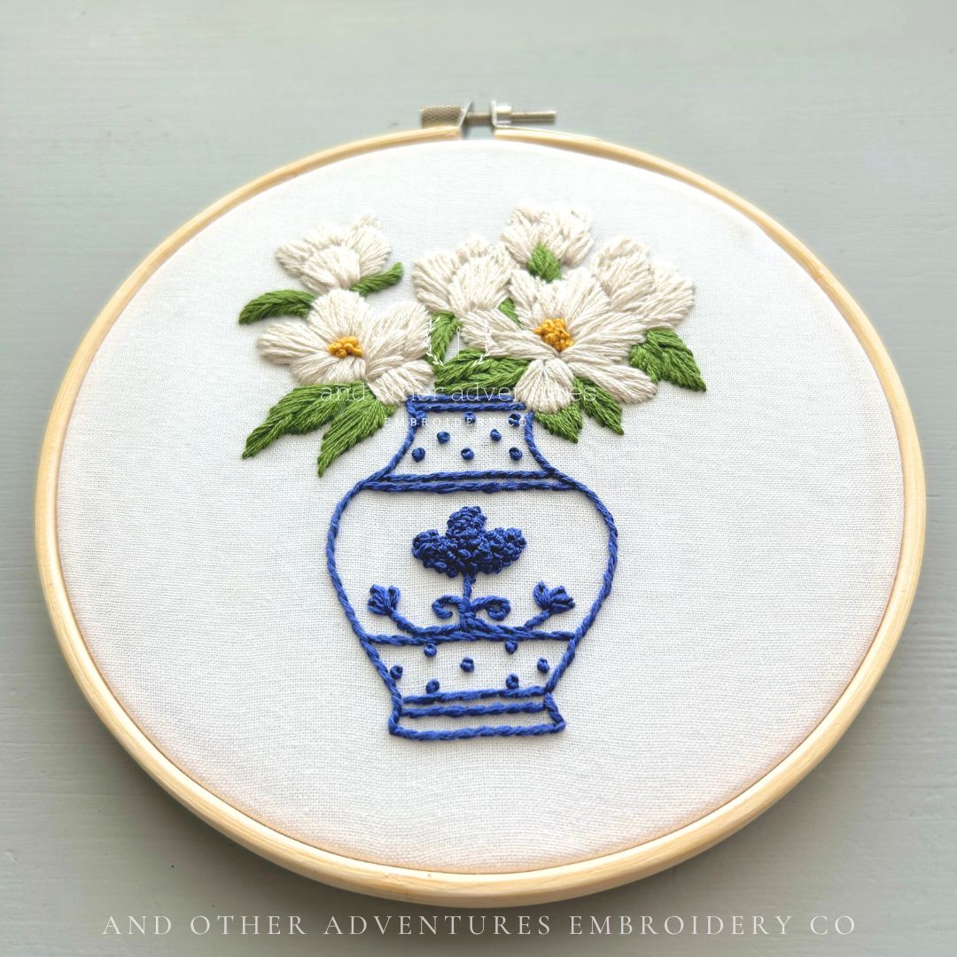 Hand Embroidered Magnolia Blooms in Blue Ginger Jar hand embroidery kit by And Other Adventures Embroidery Co