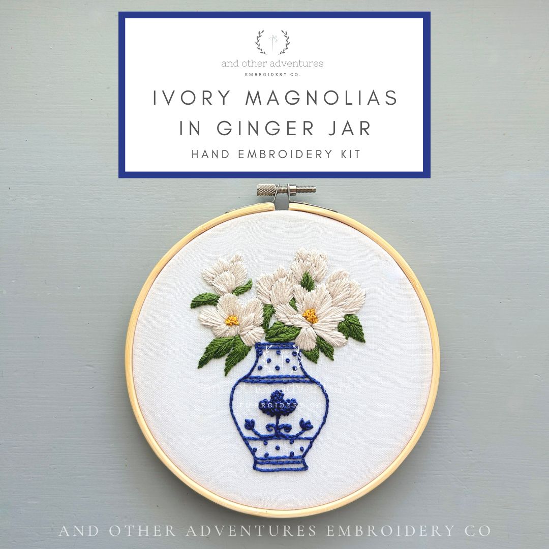 Chinoiserie Ivory Magnolia Flowers - Hand Embroidery Kit by And Other Adventures Embroidery Co