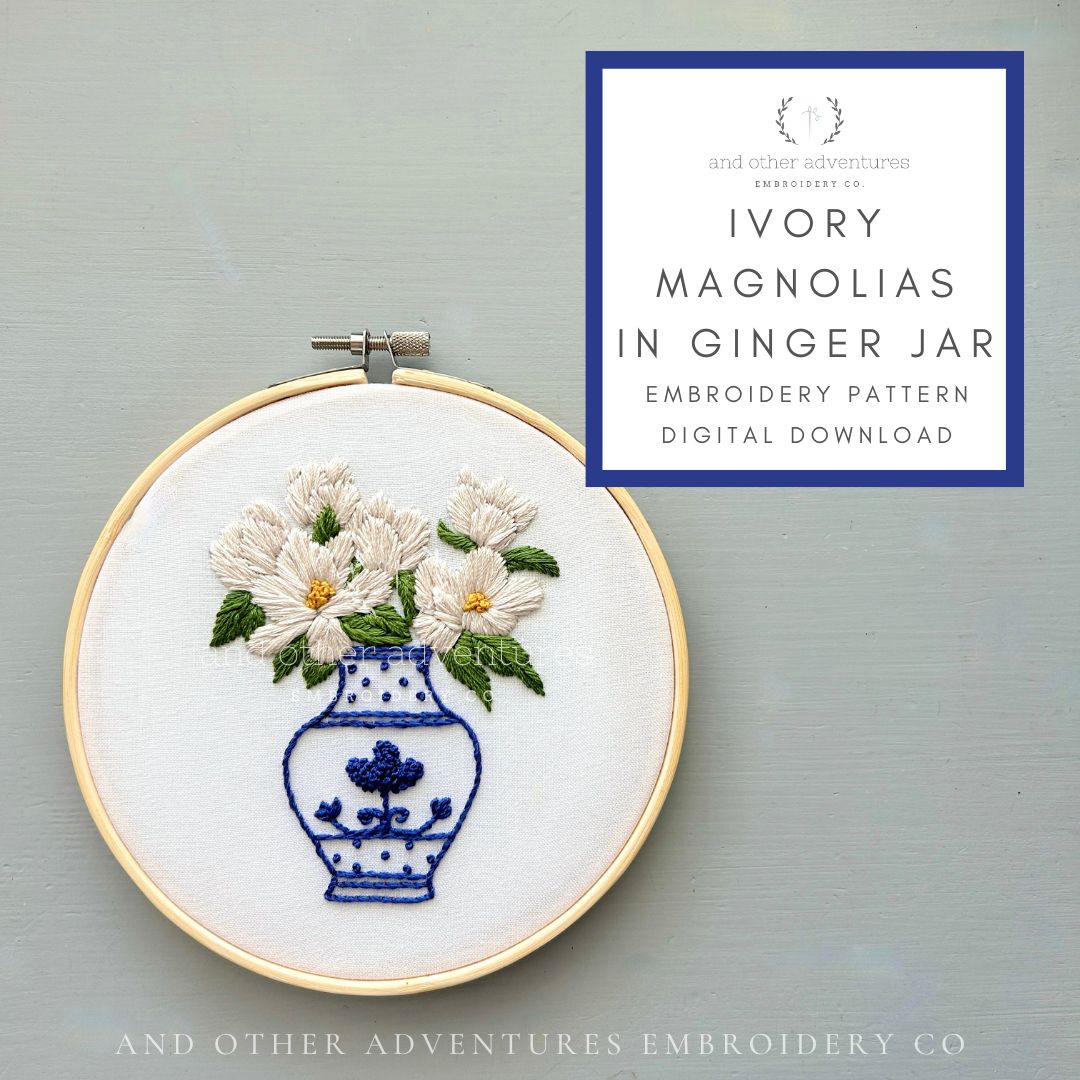 Magnolia Blooms in Vase Hand Embroidery Design PDF Pattern by And Other Adventures Embroidery Co