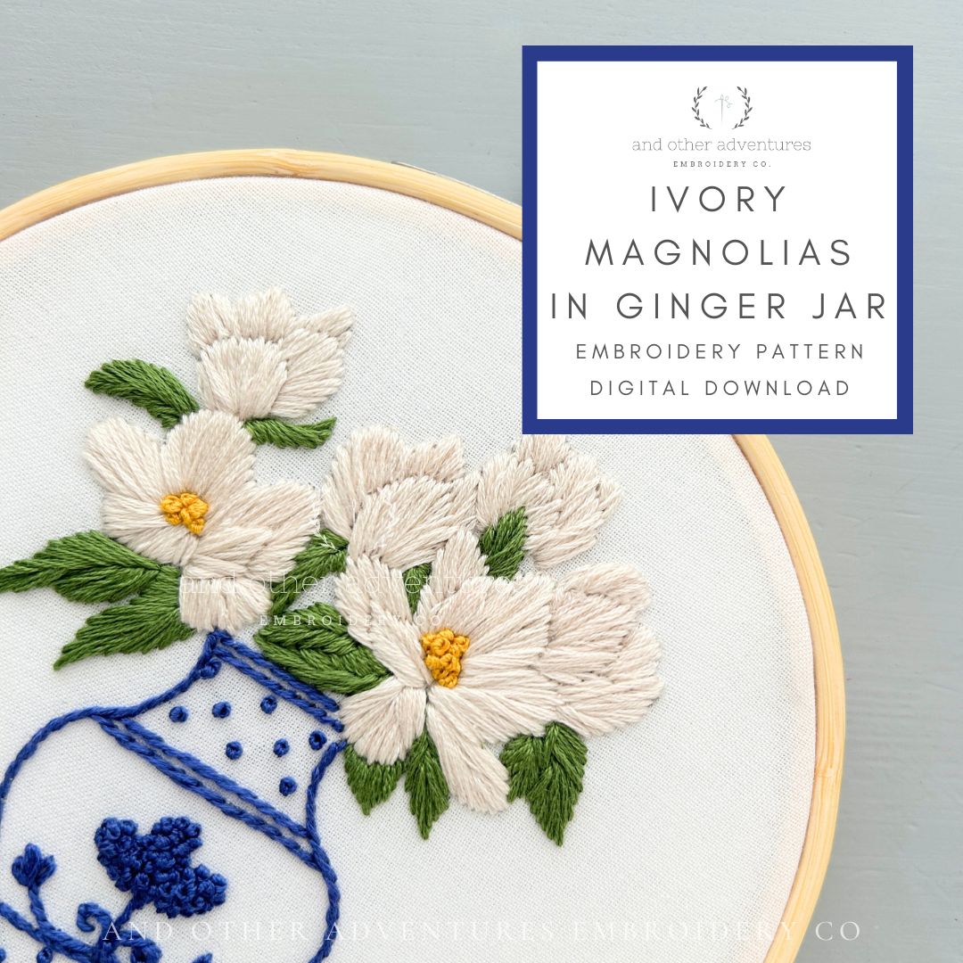 Ivory Magnolias in Ginger Jar PDF Pattern by And Other Adventures Embroidery Co