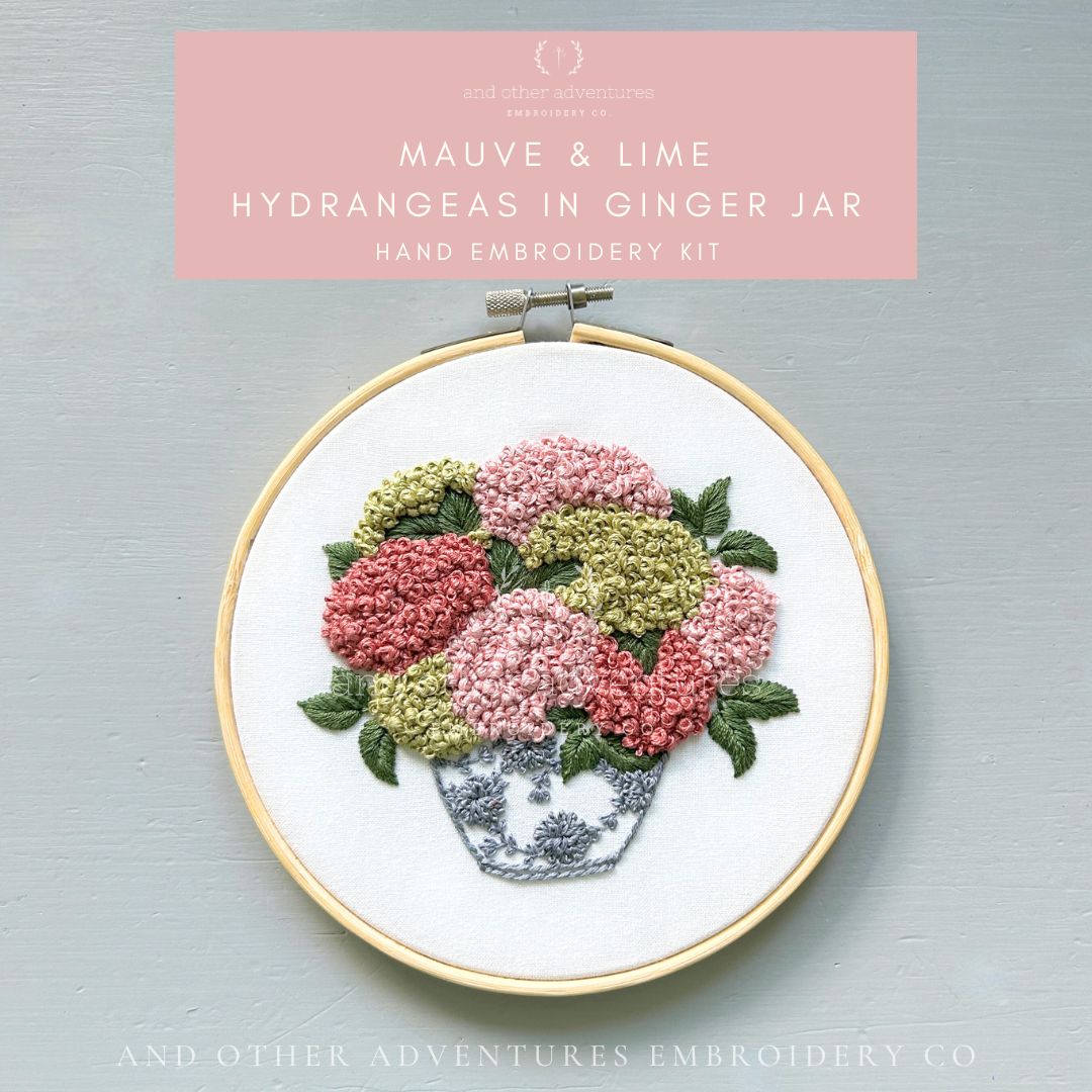 Mauve & Lime Hydrangeas in Ginger Jar hand embroidery kit by And Other Adventures Embroidery Co