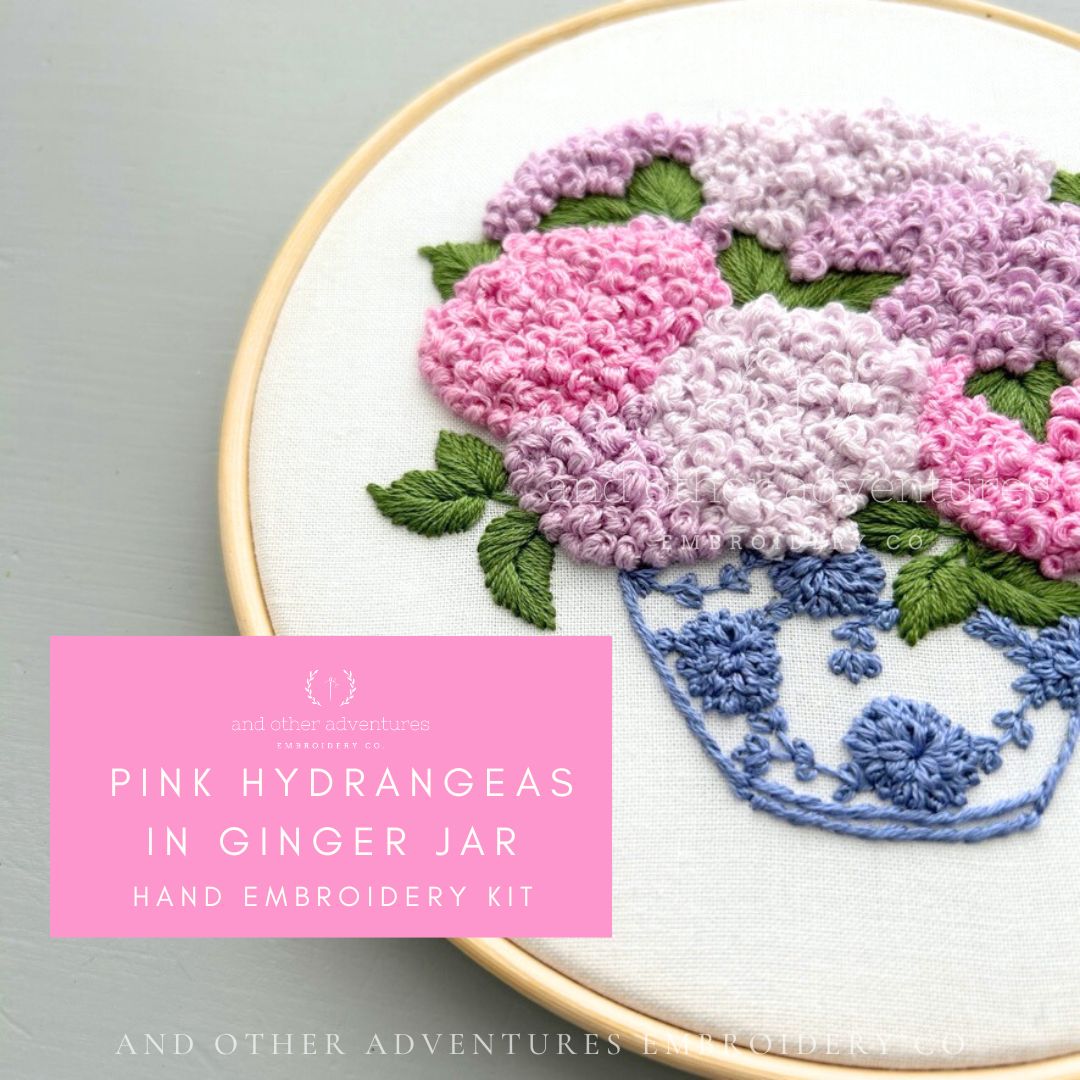 Hand Embroidery Kit - Pink Hydrangeas in Ginger Jar by And Other Adventures Embroidery Co