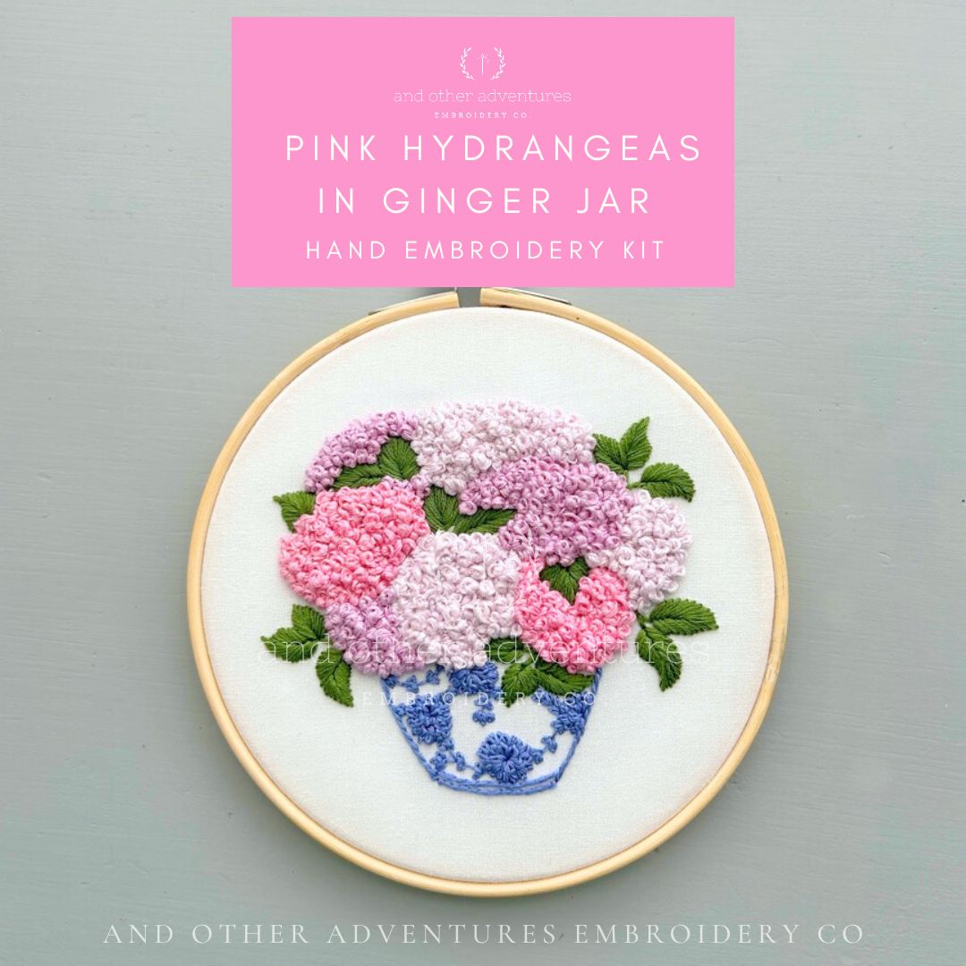 Timeless Pink Hydrangeas in Blue Ginger Jar embroidery art project by And Other Adventures Embroidery Co