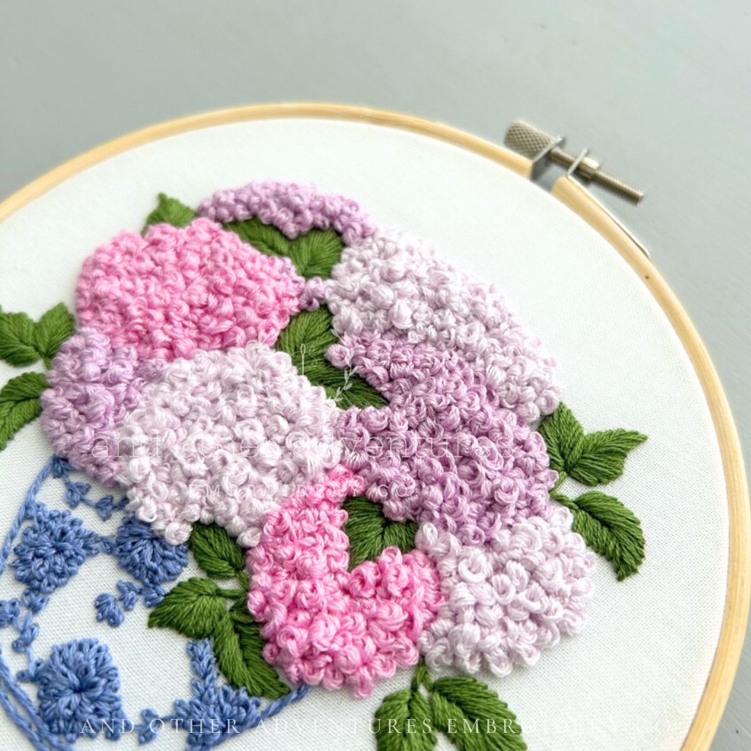 Hand Embroidered Pink Hydrangeas in Ginger Jar Hand Embroidery Design by And Other Adventures Embroidery Co