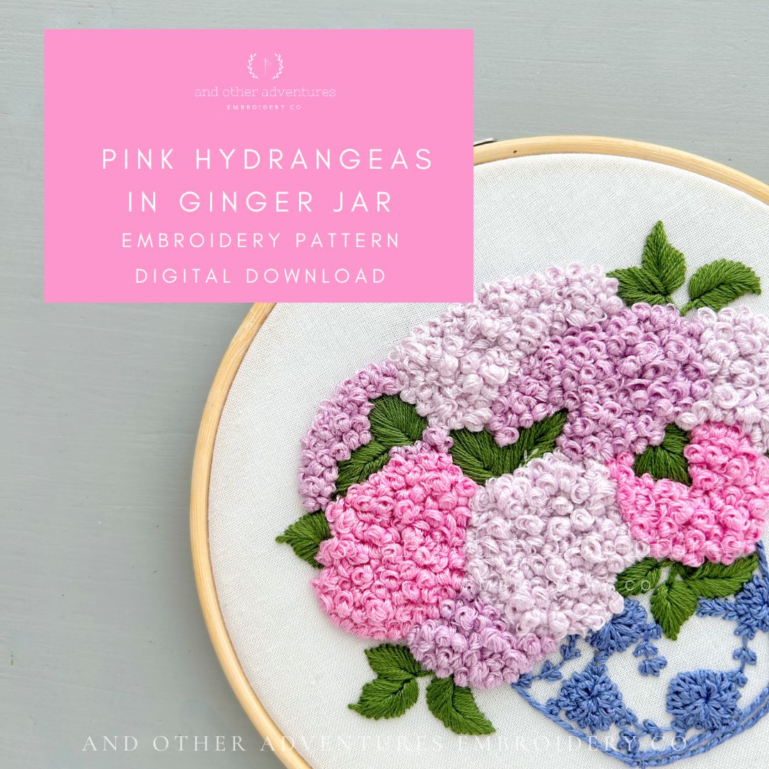Pink Hydrangeas in Ginger Jar - Hand Embroidery Pattern Digital Download PDF by And Other Adventures Embroidery Co