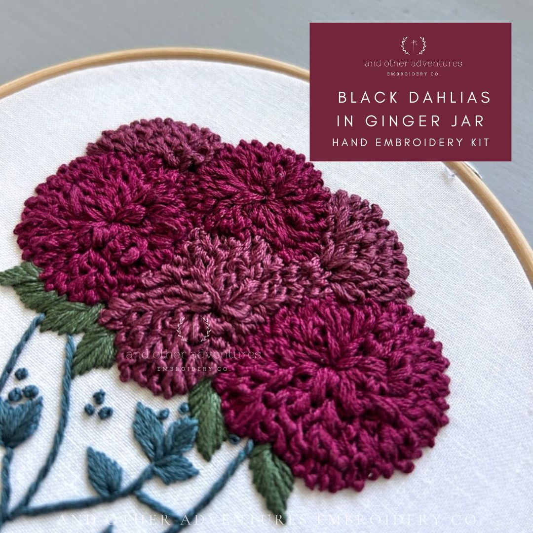Hand Embroidery Kit - Black Dahlias in Ginger Jar