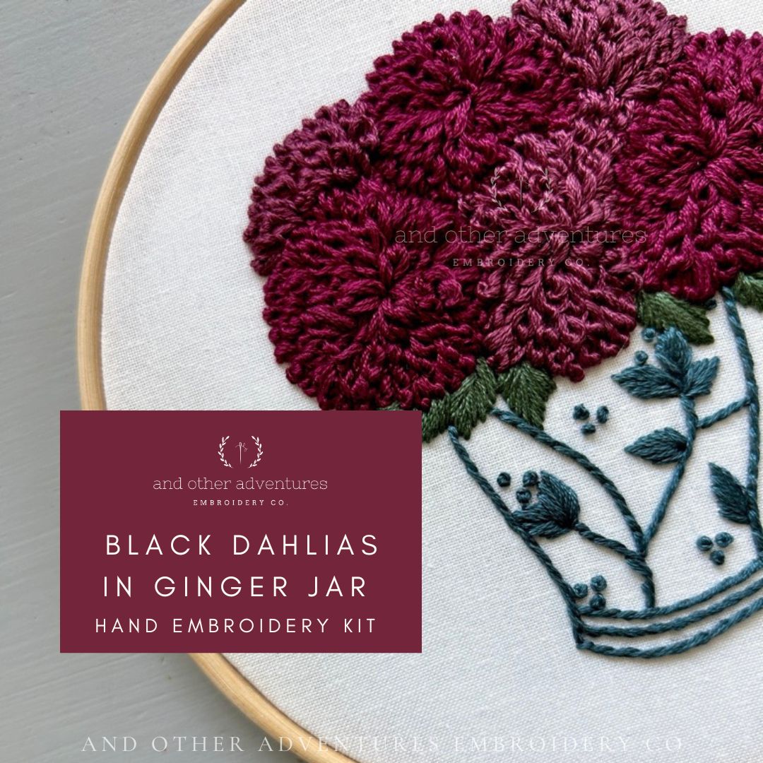 Black Dahlias in Ginger Jar Hand Embroidery Kit - Wholesale by And Other Adventures Embroidery Co