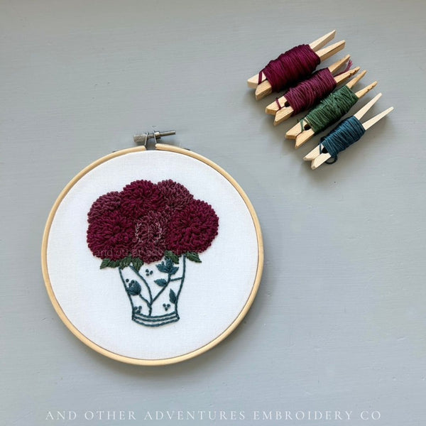 Hand Embroidery Kit - Black Dahlias in Ginger Jar - And Other