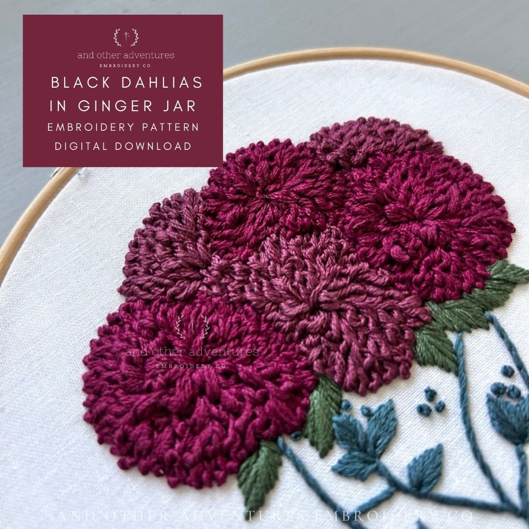 Hand Embroidery PDF Pattern - Black Dahlias in Ginger Jar