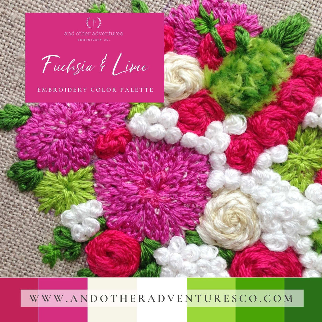 Fuchsia & Lime DMC floss color palette guide by And Other Adventures Embroidery Co