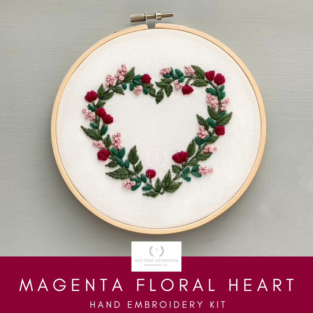 Magenta Floral Heart  Hand Embroidery Kit WHOLESALE by And Other Adventures Embroidery Co