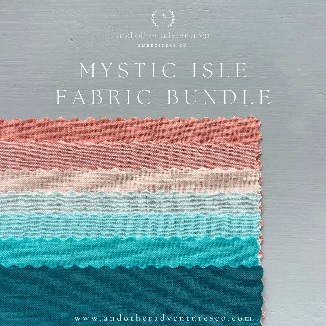 Mystic Isle linen fabric bundle featuring shades of coral, peach, aqua and teal - sold by And Other Adventures Embroidery Co