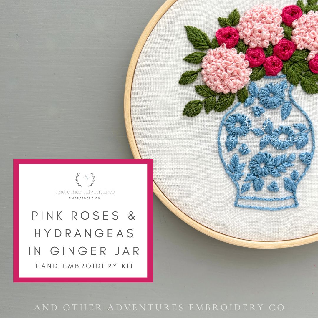 Hand Embroidered Pink Florals in Chinoiserie vase by And Other Adventures Embroidery Co