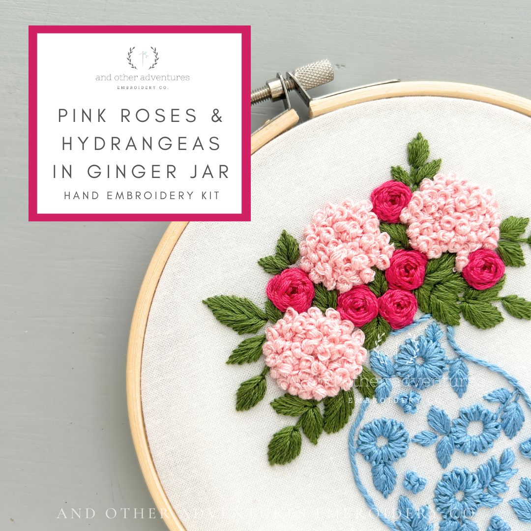 Pink Roses + Hydrangeas in Ginger Jar hand embroidery kit by And Other Adventures Embroidery Co