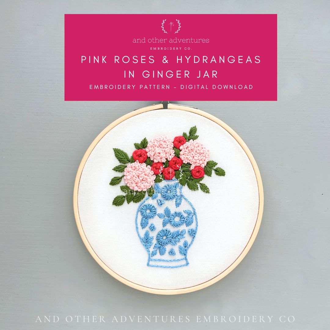 Hand Embroidery PDF Pattern - Pink Roses + Hydrangeas in Ginger Jar