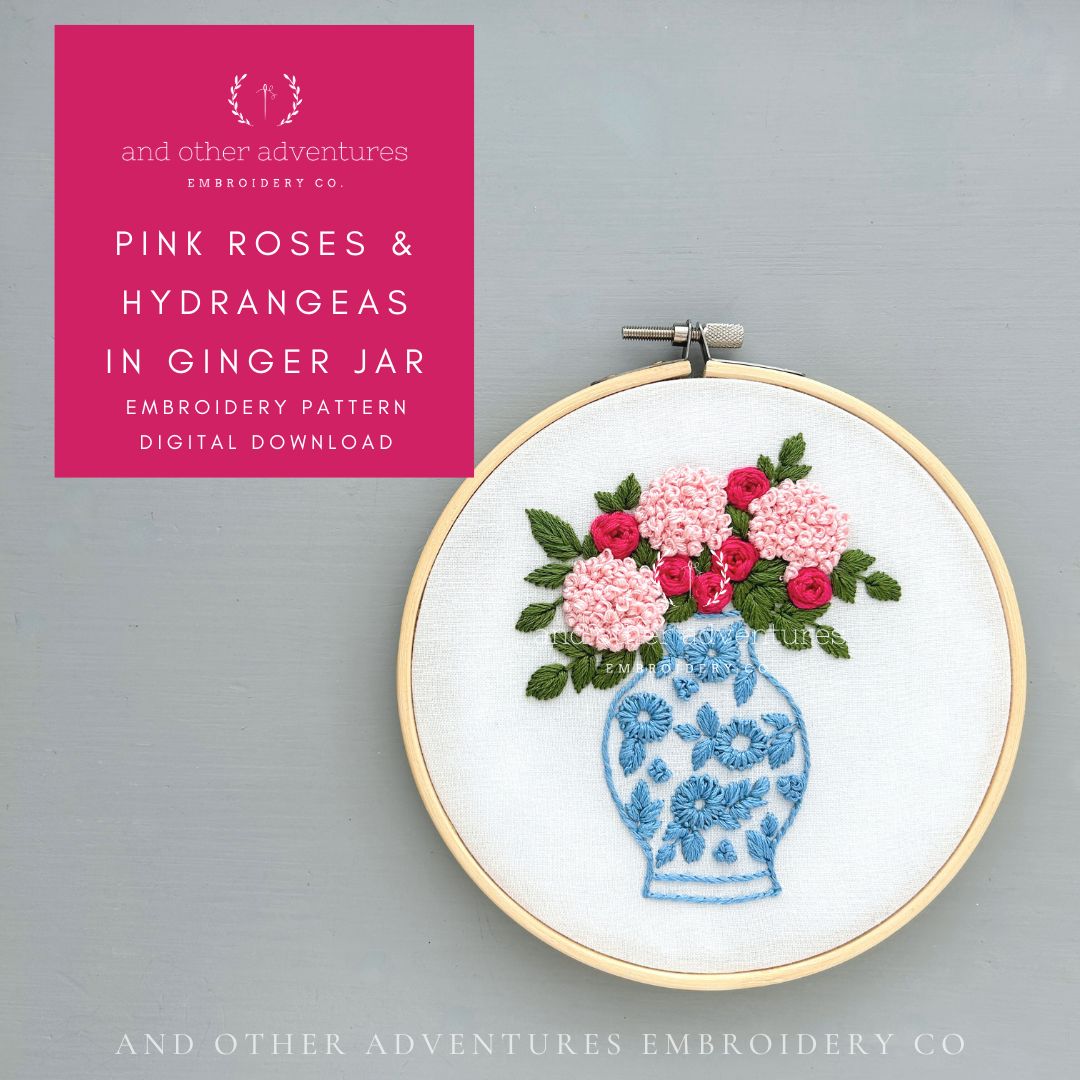 Hand Embroidery PDF Pattern - Pink Roses + Hydrangeas in Ginger Jar