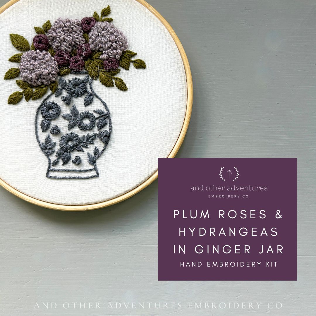 Hand Embroidery Kit - Plum Rose &amp; Hydrangeas in Ginger Jar