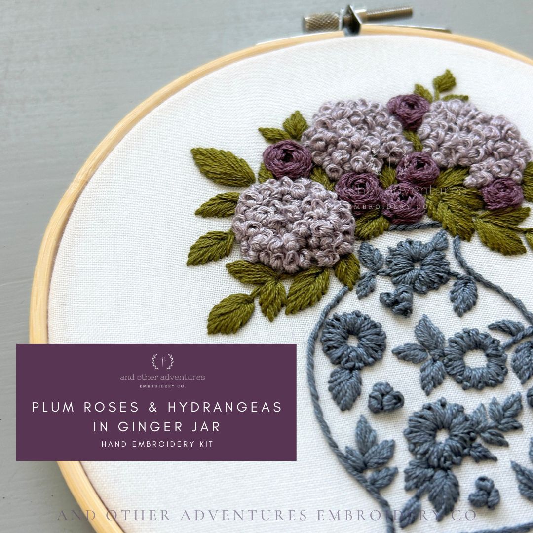 Hand Embroidery Kit - Plum Rose &amp; Hydrangeas in Ginger Jar