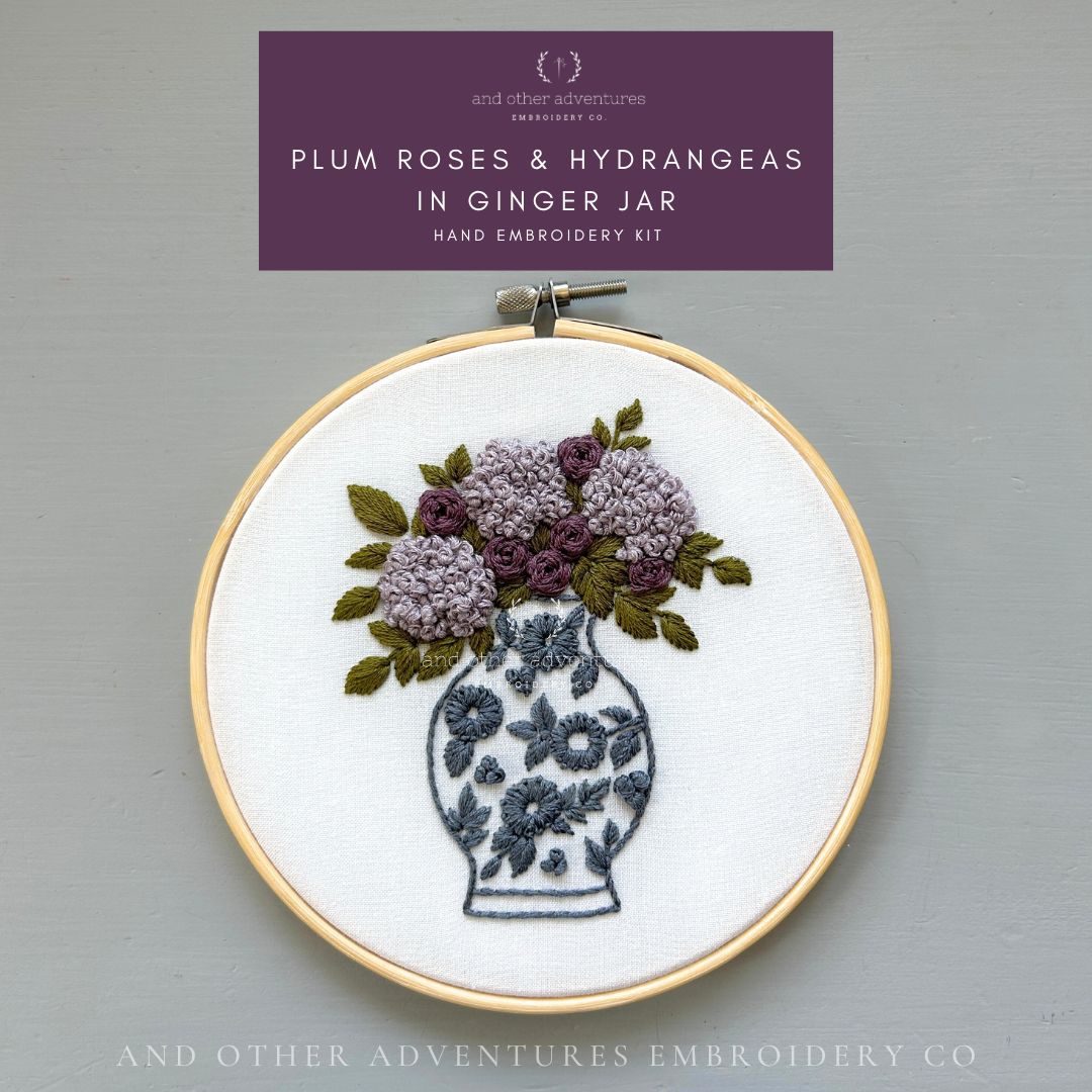 Hand Embroidery Kit - Plum Rose &amp; Hydrangeas in Ginger Jar