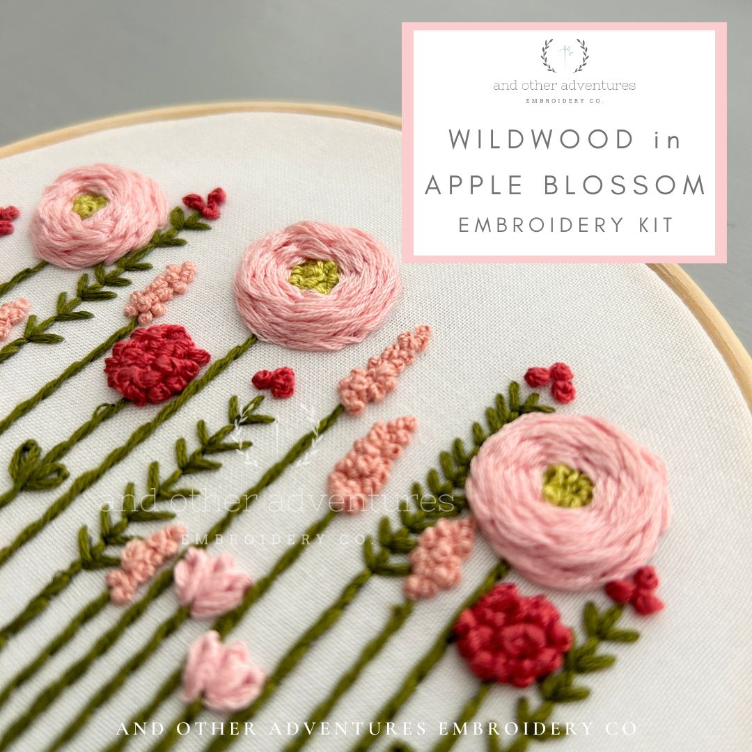 Pink and Green embroidered flowers hand embroidery kit by And Other Adventures Embroidery Co