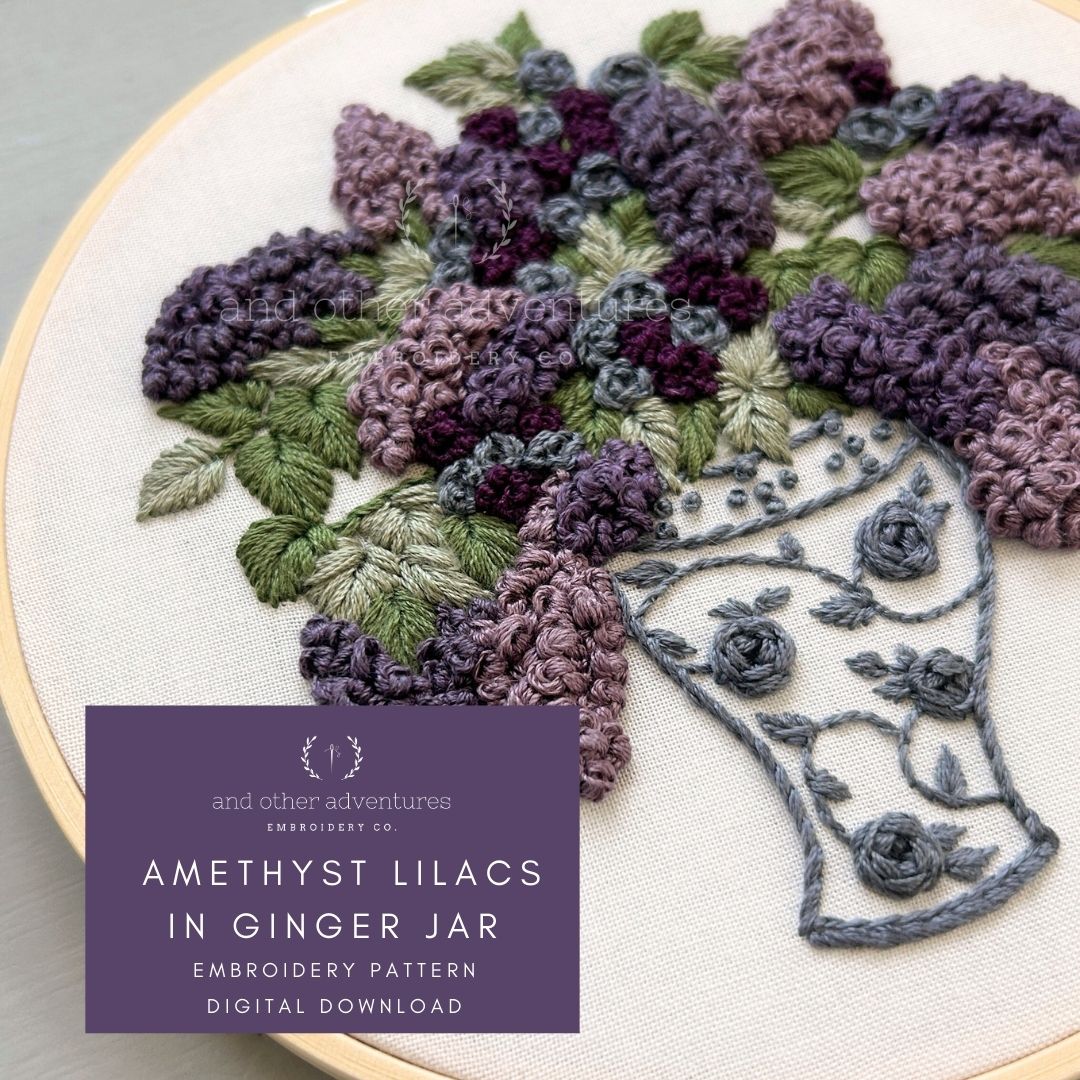 Hand Embroidery PDF Pattern - Amethyst Lilacs in Ginger Jar - And
