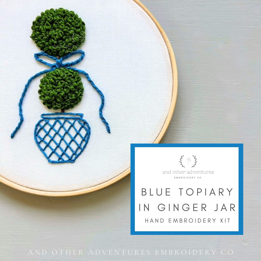 Blue Topiary in Ginger Jar hand embroidery kit designed and stitched by And Other Adventures Embroidery Co