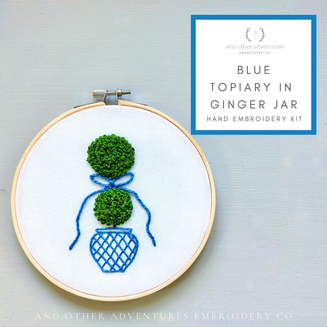 Perfect Christmas Gift for the Grandmillenial - Topiary with Blue Ribbon hand embroidery kit by And Other Adventures Embroidery Co