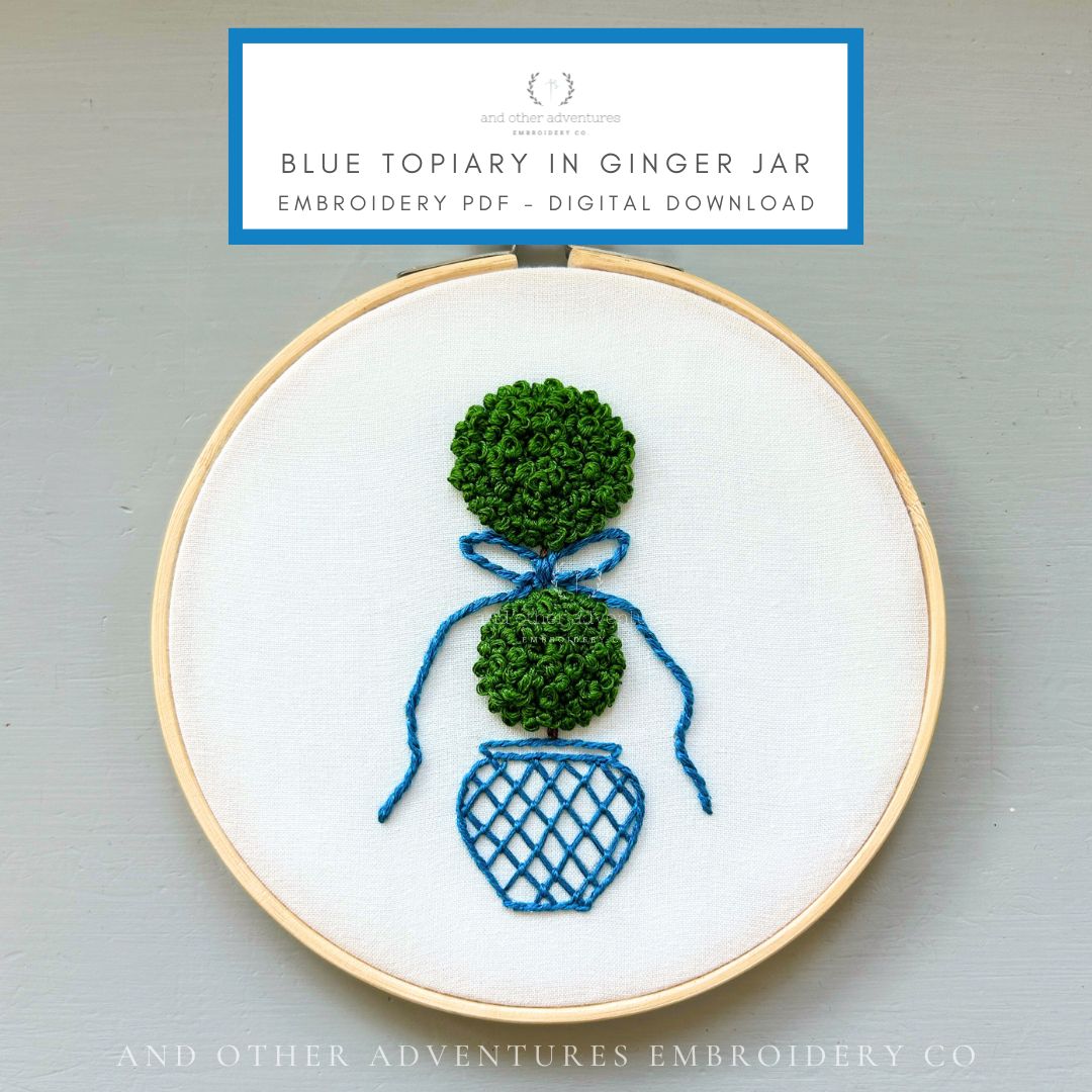 Blue Topiary in Ginger Jar Embroidery PDF Pattern by And Other Adventures Embroidery Co