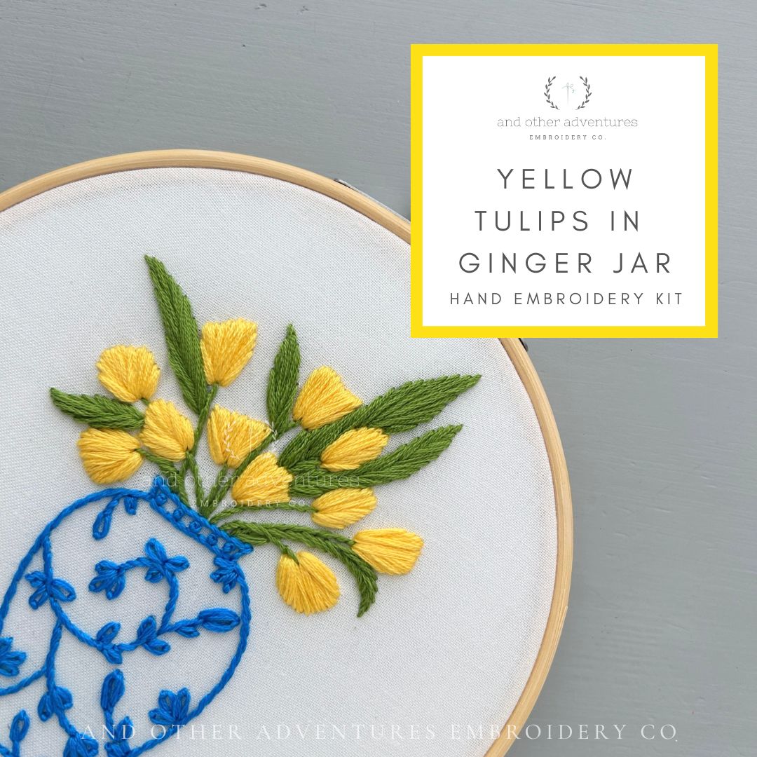Cheerful Yellow Tulips in Ginger Jar Hand Embroidery Kit by And Other Adventures Embroidery Co