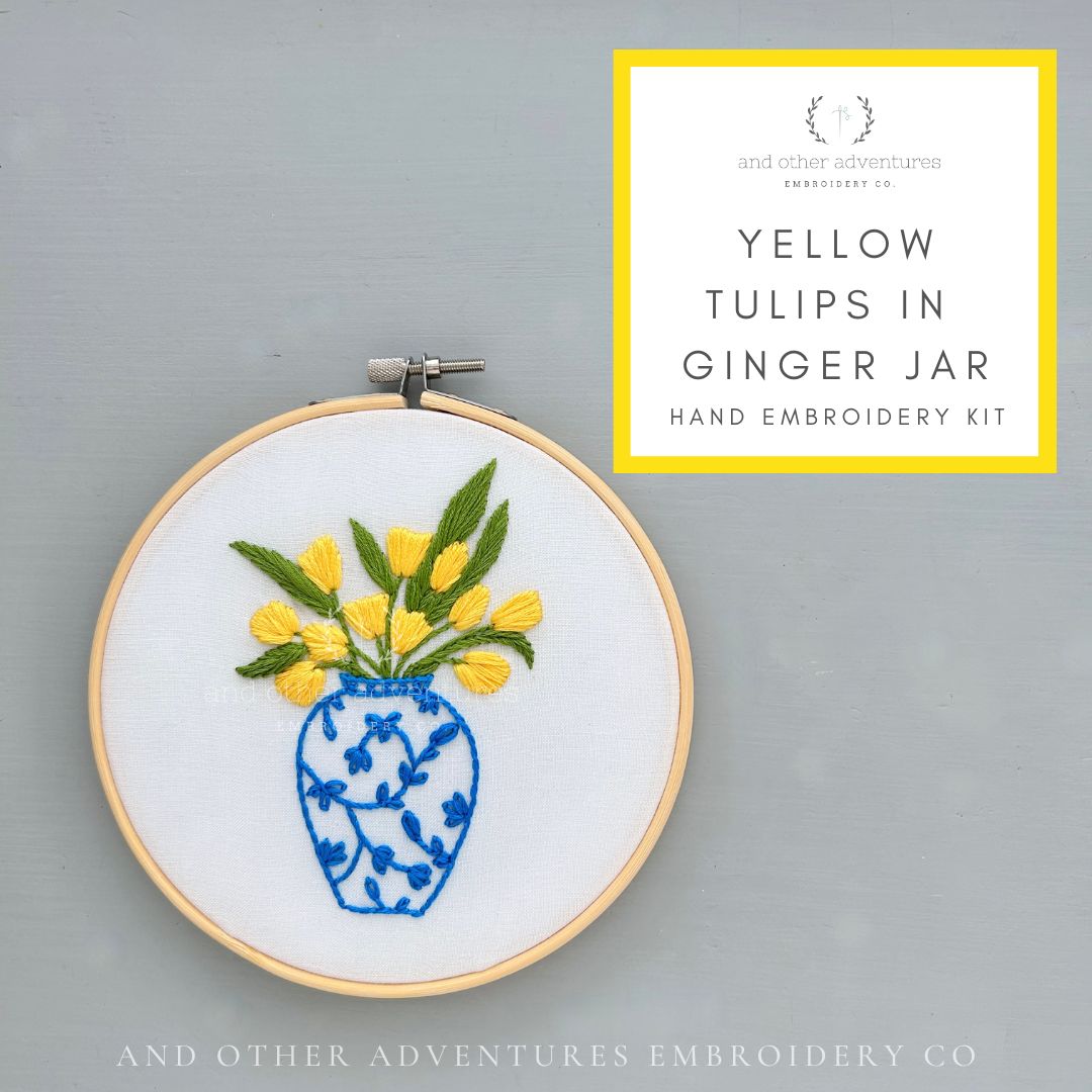 Sunshine Yellow Tulips in Blue Ginger Jar Hand Embroidery kit by And Other Adventures Embroidery Co