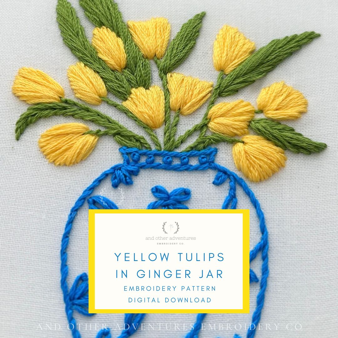Hand Embroidery PDF Pattern - Yellow Tulips in Ginger Jar