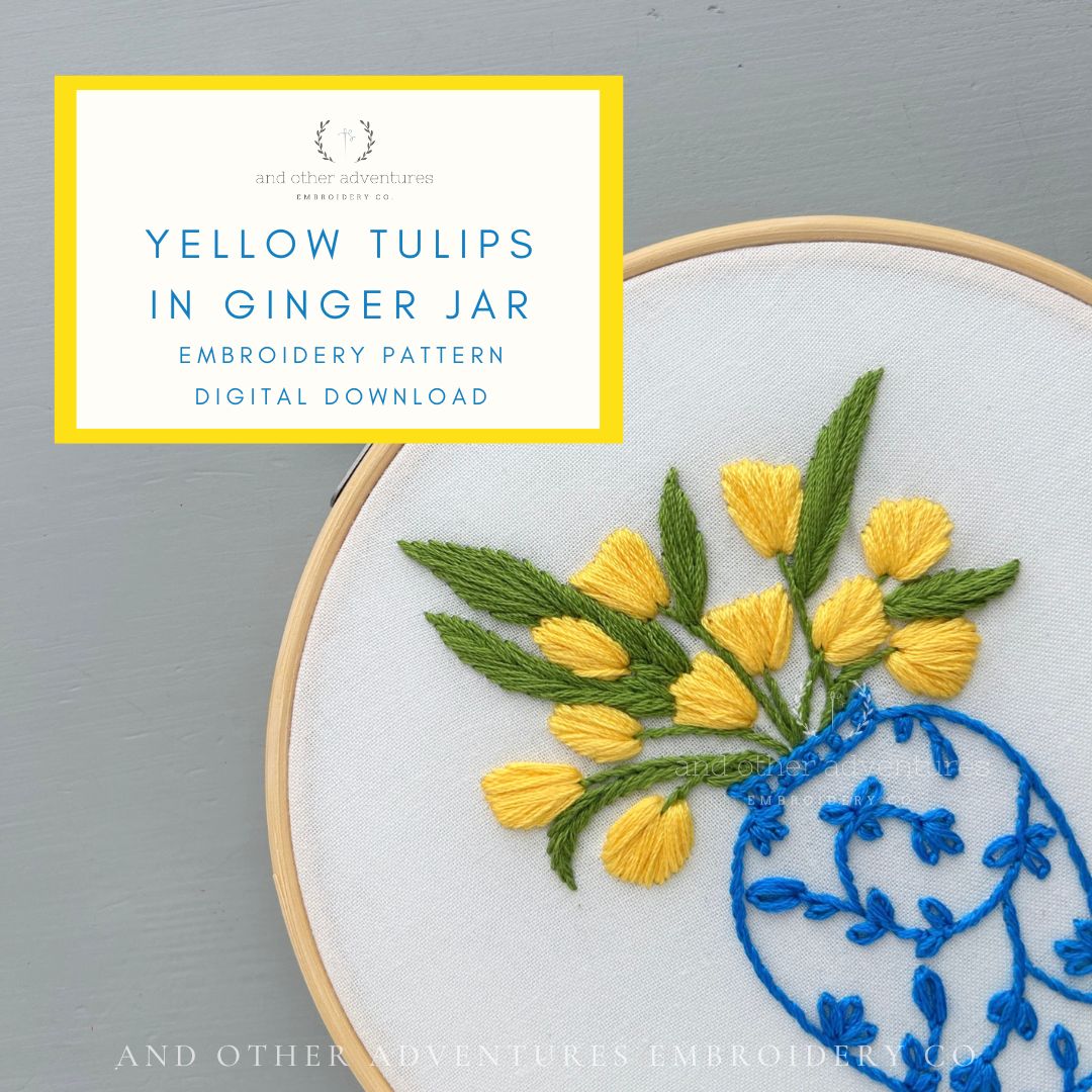 Hand Embroidery PDF Pattern - Yellow Tulips in Ginger Jar